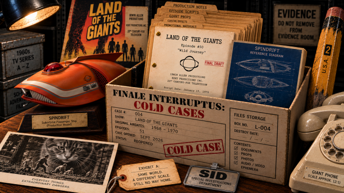 Finale Interruptus Cold Cases evidence box for Land of the Giants, featuring the Spindrift, production files, and giant-scale props.