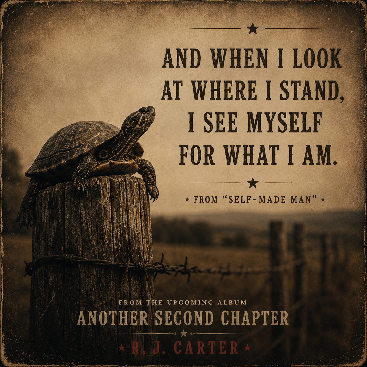 Self-Made Man lyric art with turtle on fence post