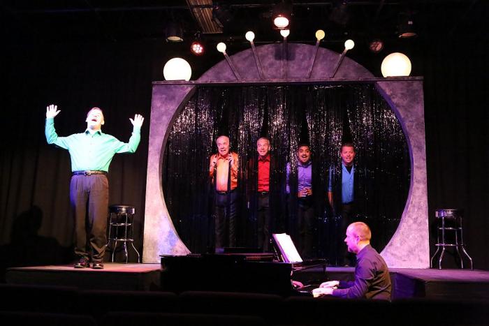 New Line Theatre's OUT ON BROADWAY: THE THIRD COMING runs through Aug 19, 2017. From left: Sean Michael, Ken Haller, Keith Thompson, Dominic Dowdy-Windsor and Mike Dowdy-Windsor with Nate Jackson on piano. Photo Credit: Jill Ritter Lindberg