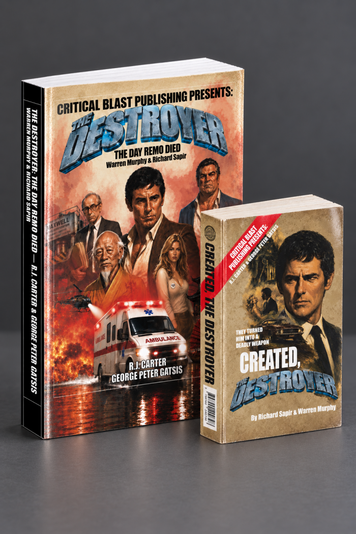 Five editions of The Destroyer graphic novel, ranging from the Prestige Hardcover to the pocketbook-sized homage edition.