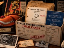 Finale Interruptus Cold Cases evidence box for Land of the Giants, featuring the Spindrift, production files, and giant-scale props.