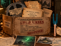 Cold Cases evidence box for *The Fantastic Journey* beside film reels, scripts, a Bermuda Triangle map and Varian’s sonic energizer.
