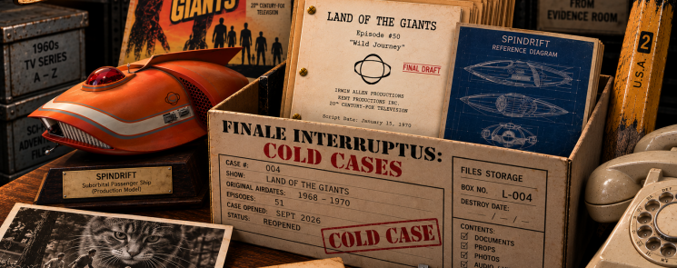 Finale Interruptus Cold Cases evidence box for Land of the Giants, featuring the Spindrift, production files, and giant-scale props.