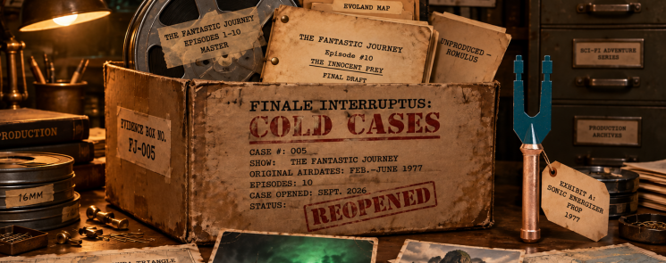 Cold Cases evidence box for *The Fantastic Journey* beside film reels, scripts, a Bermuda Triangle map and Varian’s sonic energizer.