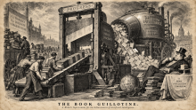 Victorian-style political cartoon depicting books being fed into an industrial guillotine and scanning machine for artificial intelligence.